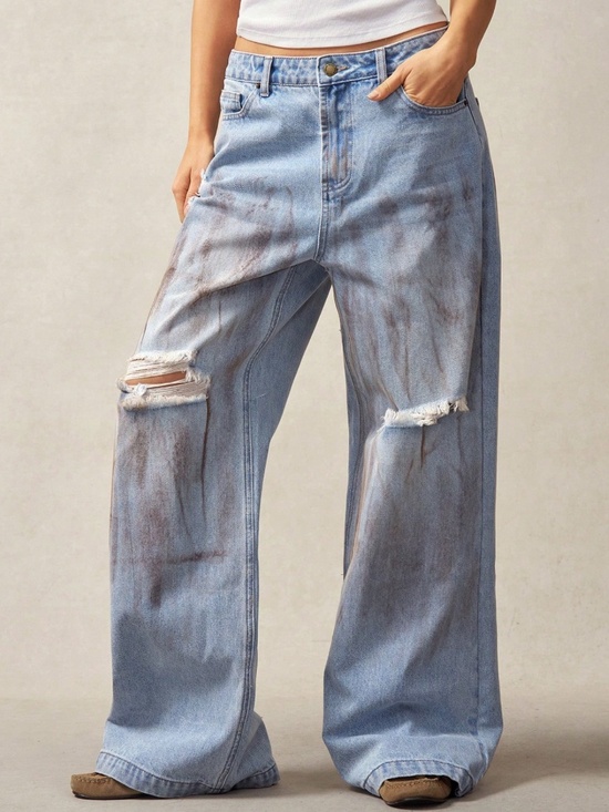 Denim - Light Wash Distressed Wide leg Low Waist Denim Jeans pants